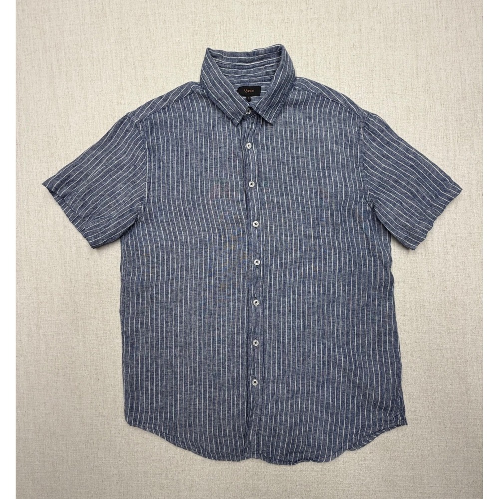 Quince Mens 100% European Linen Short Sleeve Shirt Chambray Stripe Blue Large